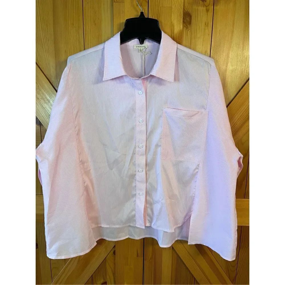 JODIFL Women's Small Pink White Striped Button Up Shirt nwt (3046)
